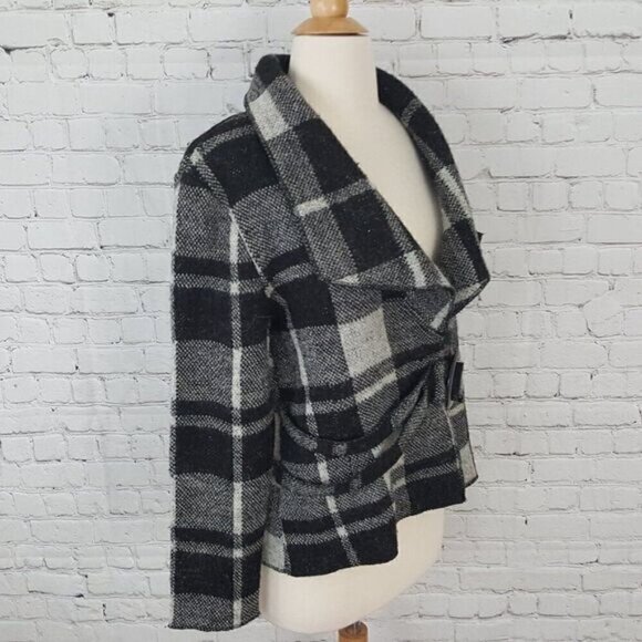 Black White Plaid Gray Belted Short Shawl Collar Jacket S - Picture 2 of 5
